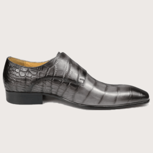Homme Rieti – Crocodile Print Monk Strap Shoe in Grey & Black Calfskin Leather