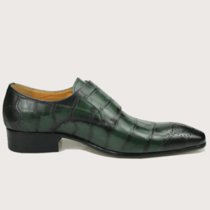 Homme Cosenza – Crocodile Embossed Double Monk Strap in Green Calfskin Leather