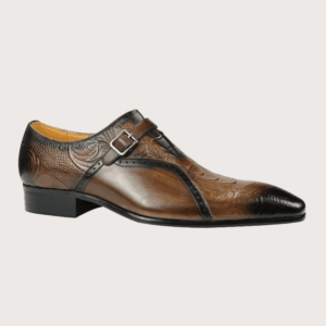 Homme Verona – Two-Tone Monk Strap Brogue in Brown Reptile Print Leather