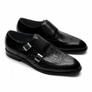 Homme Taranto – Two-Tone Double Monk Strap Wingtip in Black Crocodile Print Leather