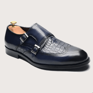 Homme Taranto – Two-Tone Double Monk Strap Wingtip in Blue Crocodile Print Leather