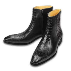 Homme Cantù – Crocodile Embossed Ankle Boot in Black Calfskin Leather