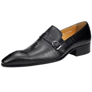 Homme Prato – Crocodile Embossed Monk Strap Loafer in Black Calfskin Leather