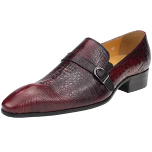 Homme Prato – Crocodile Embossed Monk Strap Loafer in Burgundy Calfskin Leather