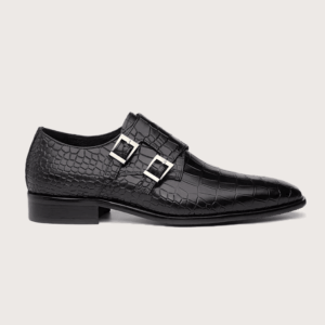 Homme Perugia – Crocodile Embossed Double Monk Strap Loafer in Black Calfskin Leather