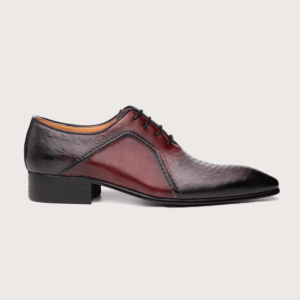 Homme Ravenna – Two-Tone Ostrich Print Oxford in Burgundy & Black Calfskin Leather