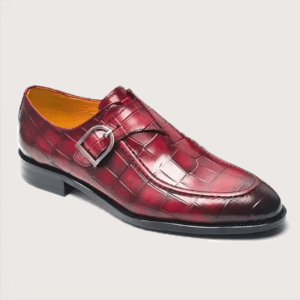 Homme Ferrara – Crocodile Embossed Monk Strap Loafer in Red Calfskin Leather