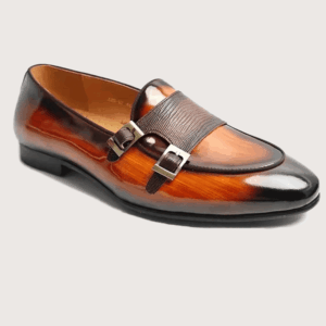 Homme Aosta – Two-Tone Monk Strap Loafer in Brown Leather & Textured Fabric