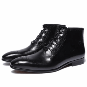 Homme Salerno – Burnished Brogue Ankle Boot in Black Calfskin Leather
