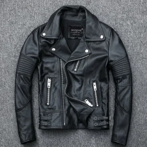 Homme Balsorano – Handmade Black Ribbed-Sleeve Biker Leather Jacket AD-ORD37